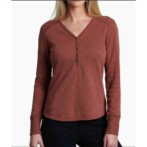 Khul Lola Pull Over Long Sleeve Henley Top Rust Red‎ Textured V Neck Buttons XS